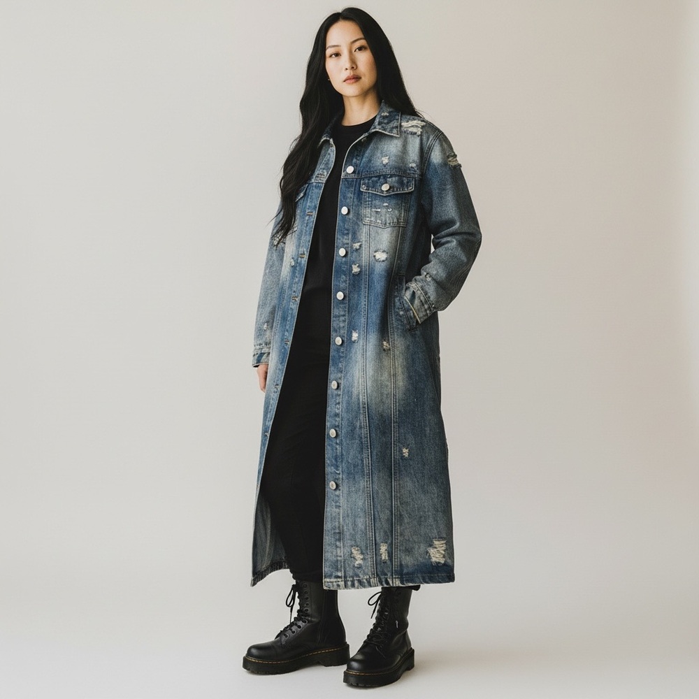 Vintage Denim Trench Coat Distressed Y2K Grunge Denim Large Duster Jacket